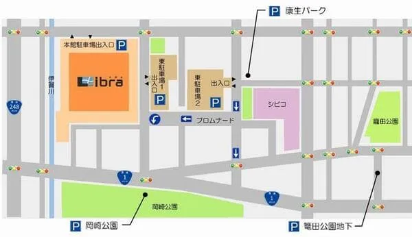 岡崎りぶらの駐車場の地図。